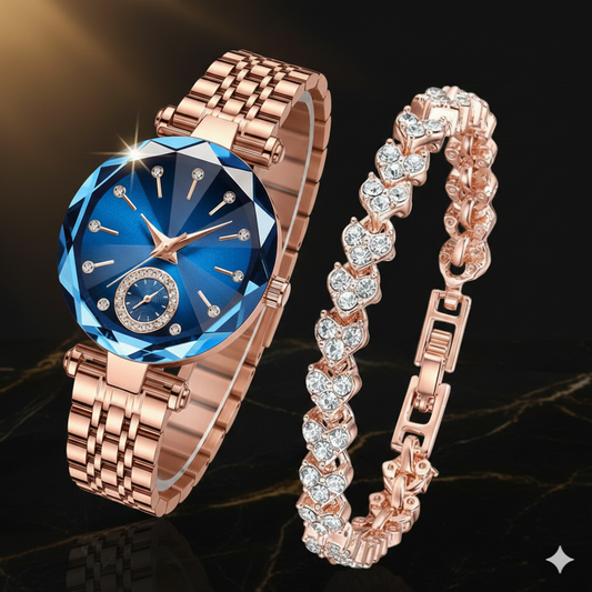 💖✨  ساعة نسائية فاخرة مرصعة بتأثير الألماس 💎 + إسوارة هدية مجانية